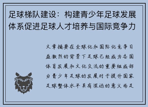 足球梯队建设：构建青少年足球发展体系促进足球人才培养与国际竞争力提升