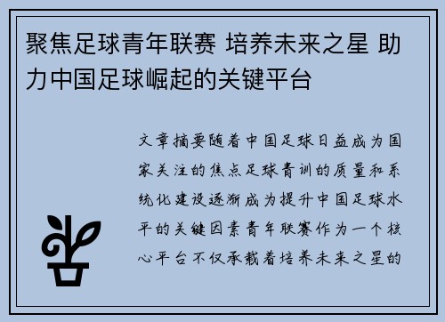 聚焦足球青年联赛 培养未来之星 助力中国足球崛起的关键平台