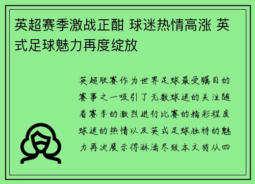 英超赛季激战正酣 球迷热情高涨 英式足球魅力再度绽放