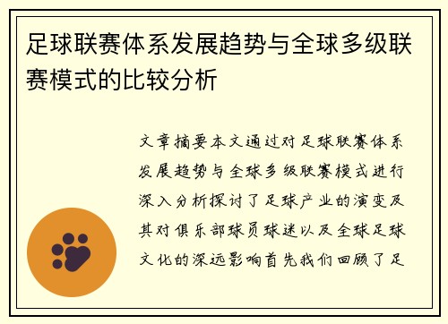 足球联赛体系发展趋势与全球多级联赛模式的比较分析