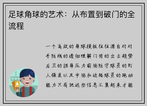 足球角球的艺术：从布置到破门的全流程