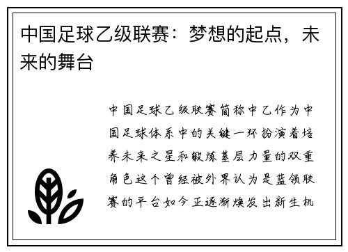 中国足球乙级联赛：梦想的起点，未来的舞台